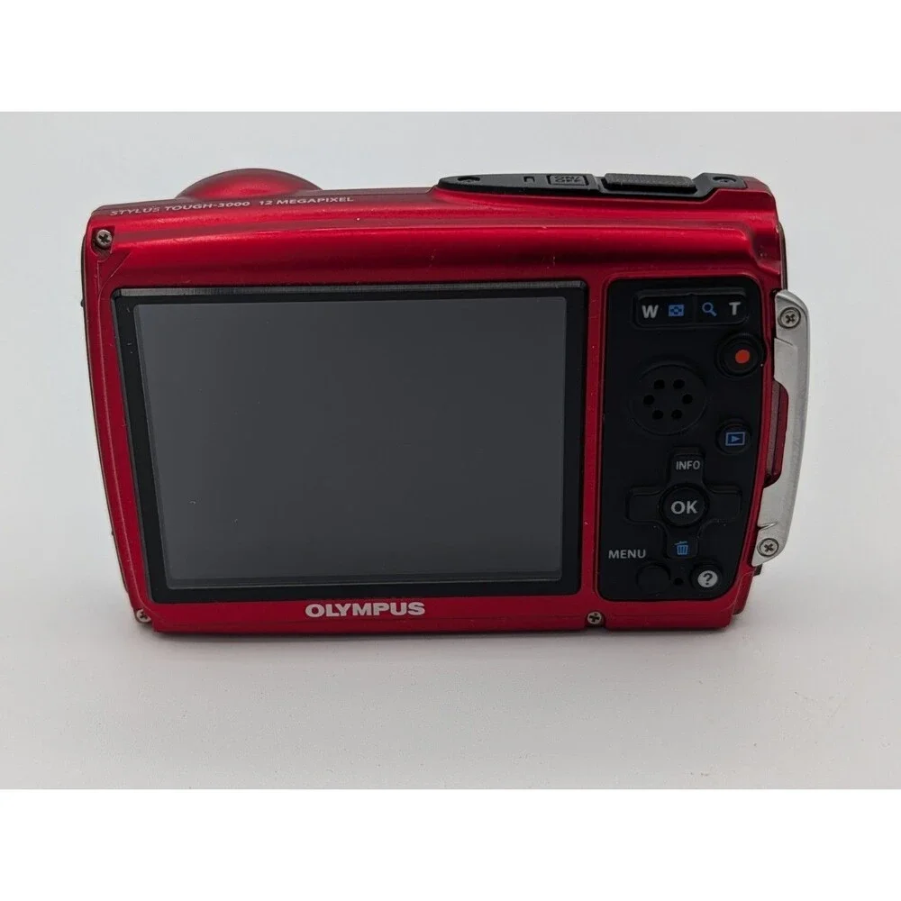 Olympus Stylus Tough 3000 12MP Red Waterproof Camera Bundle w/Case Batteries